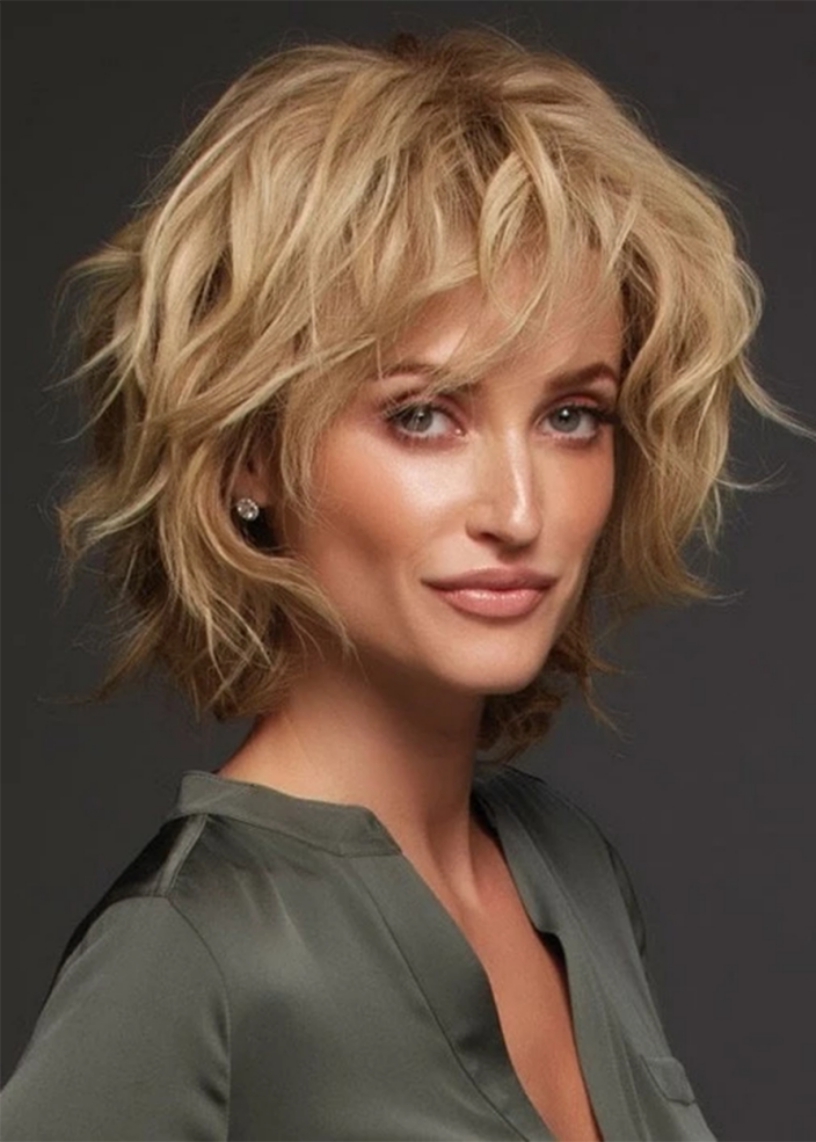 Women's Short Length Natural Wavy Layered Luxurious Remy Human Hair Natural Looking Lace Front Wigs 10Inch