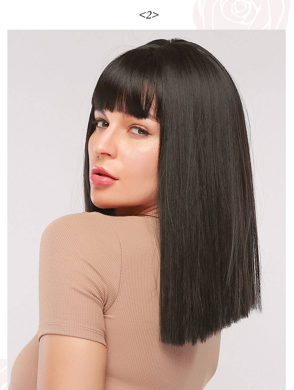 Long Straight Bob Synthetic Hair Wig With Bangs Capless Wig 16 Inches