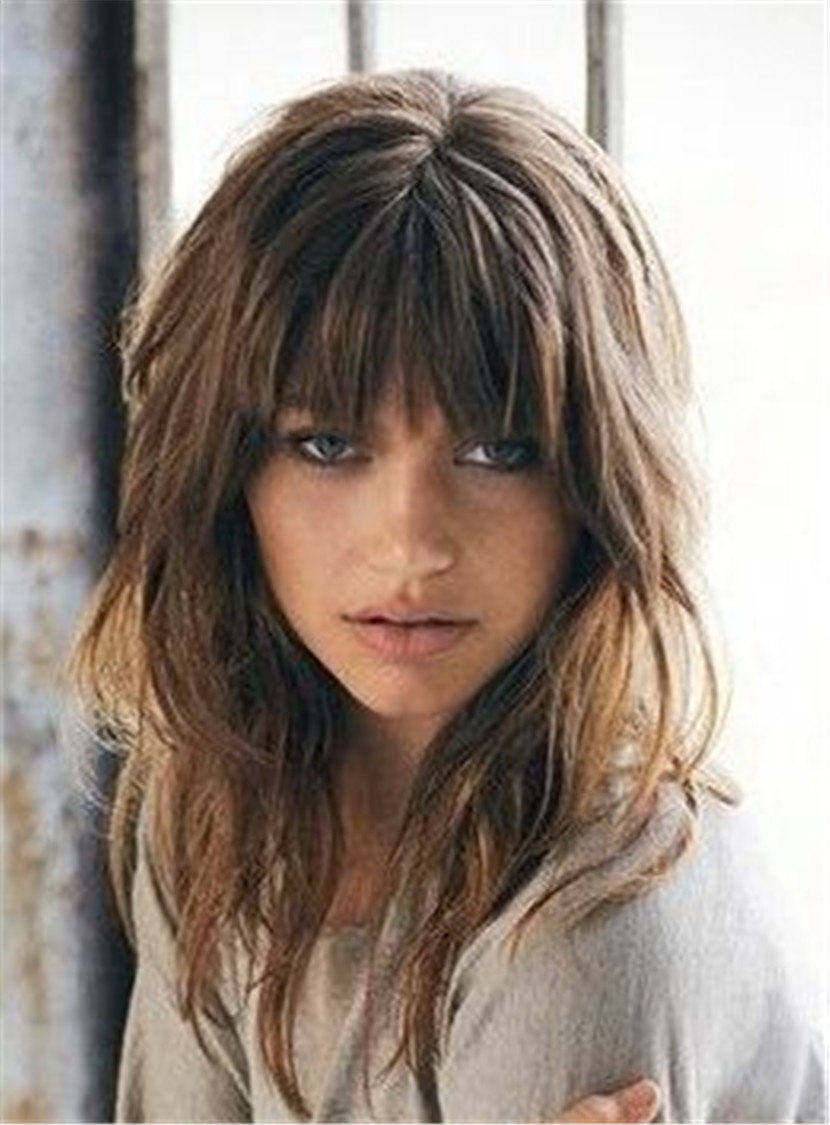 Medium Wavy Cut With Bangs Human Hair Capless Wig 16 Inches