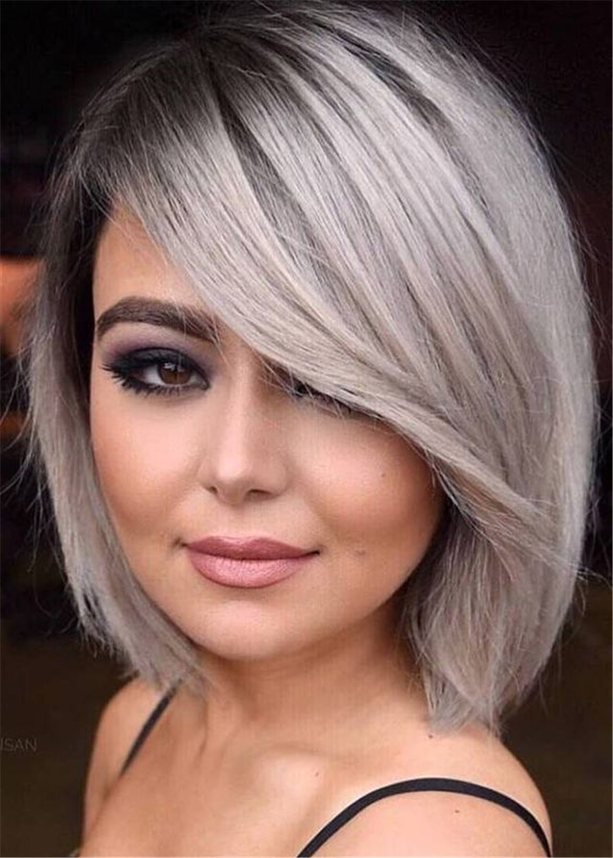 Side Part Gray Bob Hairstyle Natural Straight Human Hair Capless Women Wigs 10 Inch