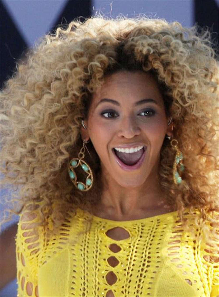 Beyonce Haircut Dark Root Medium Kinky Curly Ombre Synthetic Hair Lace Front Cap Wigs 14 Inches