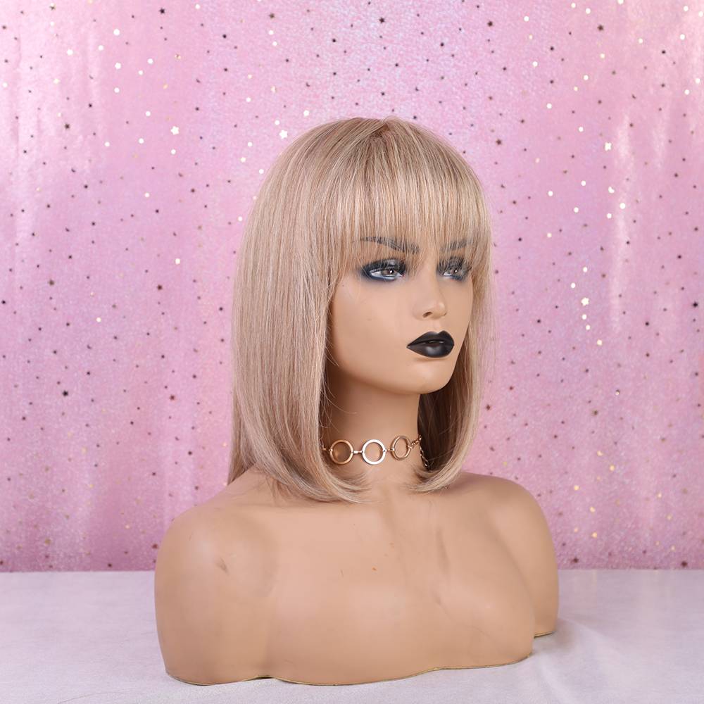 Light Brown Adjustable Mid-Length Human Hair Blend Wigs Straight Capless Wig 14inch