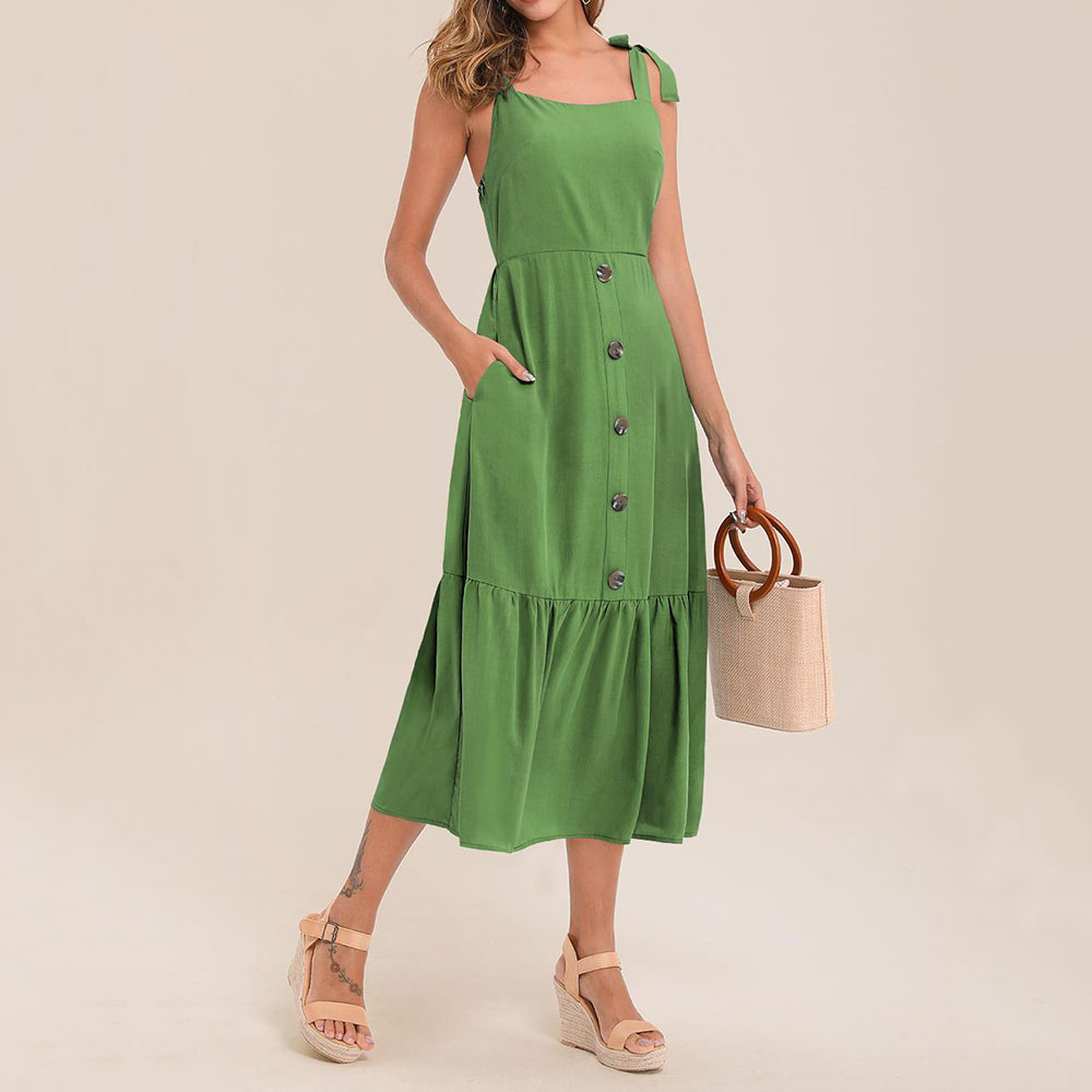 Sleeveless Mid-Calf Button Summer Women's Dress-