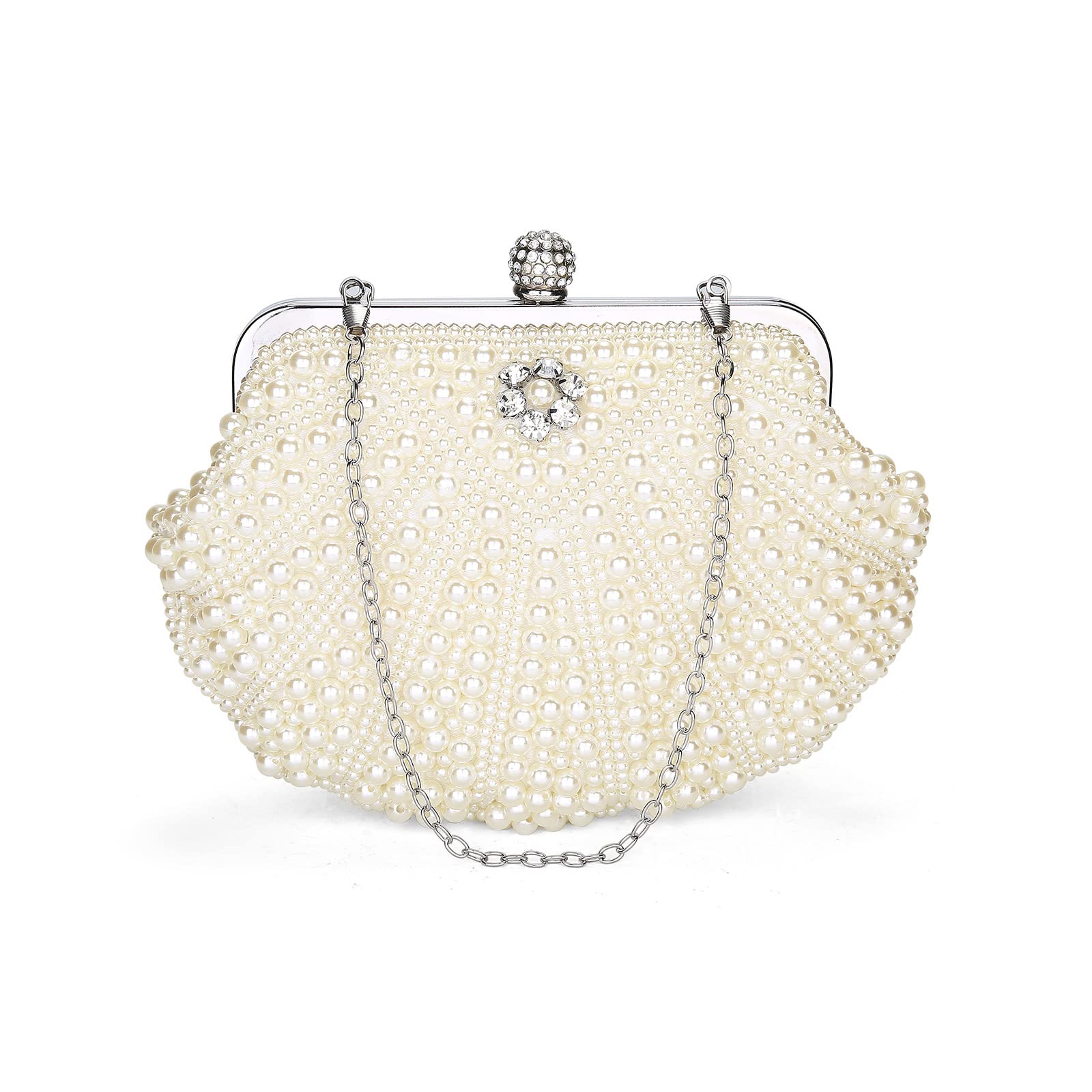 Women Pearl Clutch Bag Noble Crystal Beaded Evening Bag Wedding Clutch with Pearl Chain