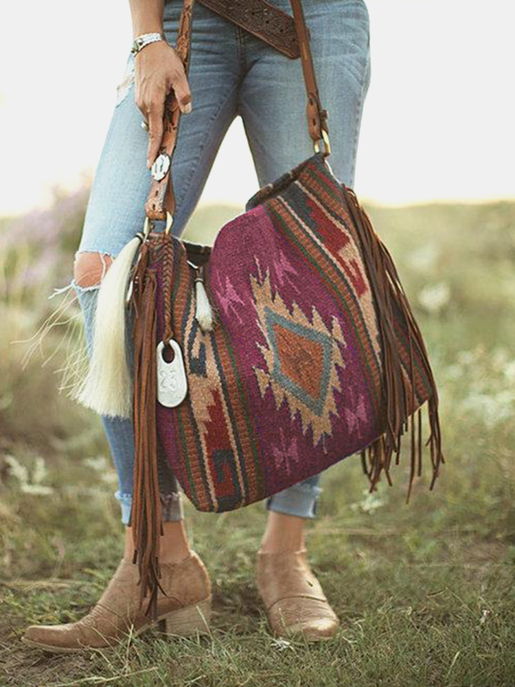 Vintage Saddle Blanket & Leather Fringe Handbag