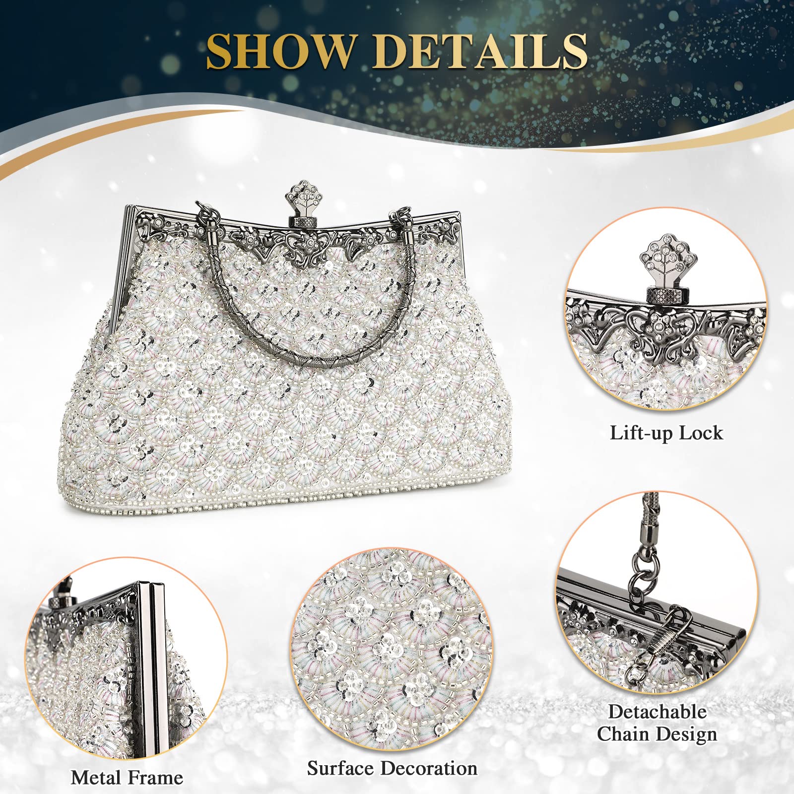 Women Vintage Floral Beaded Rhinestone Embroidery Clutch Evening Handbag Wedding Party Purse Vintage Bags