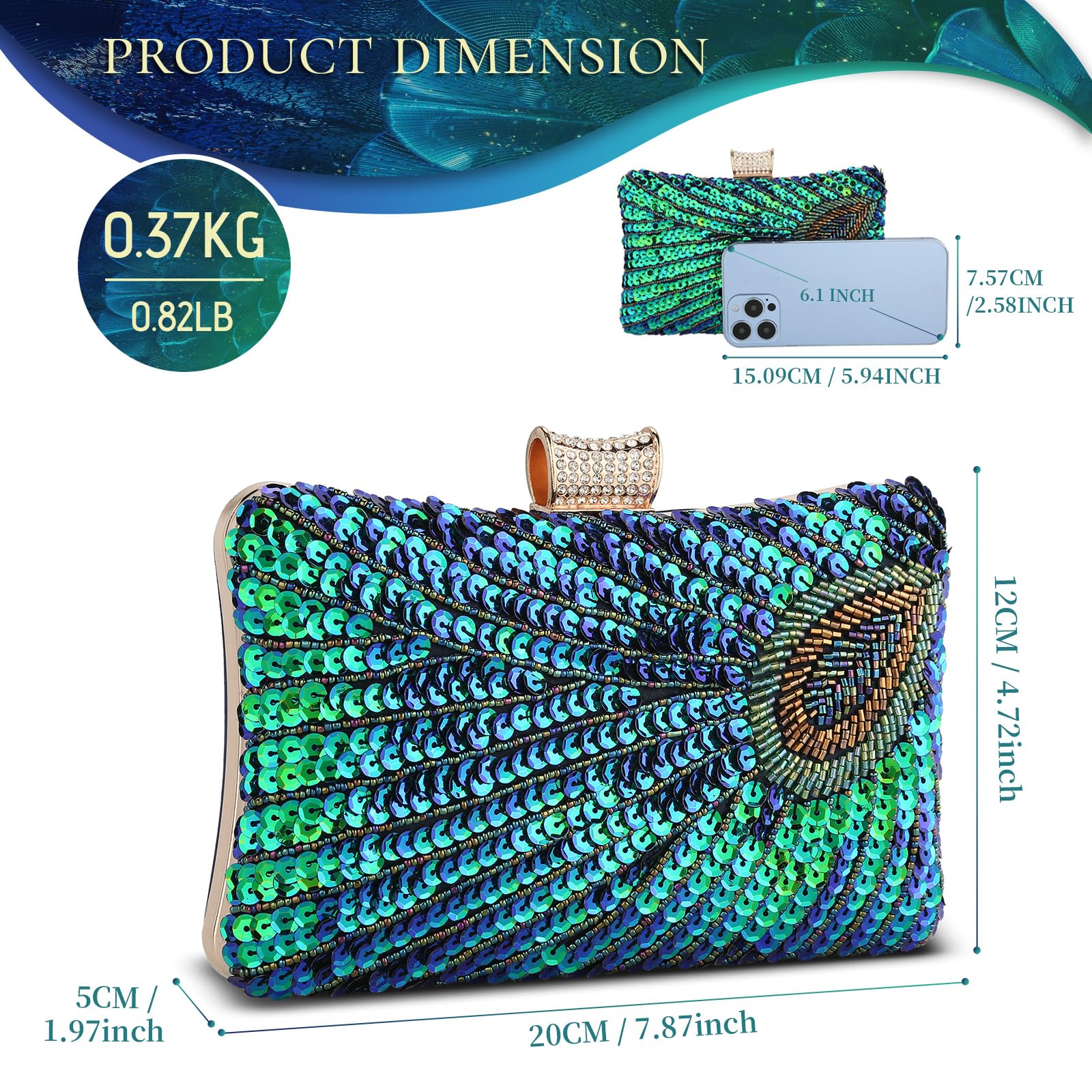 Beaded Sequin Peacock Evening Clutch Bags Party Wedding Purse