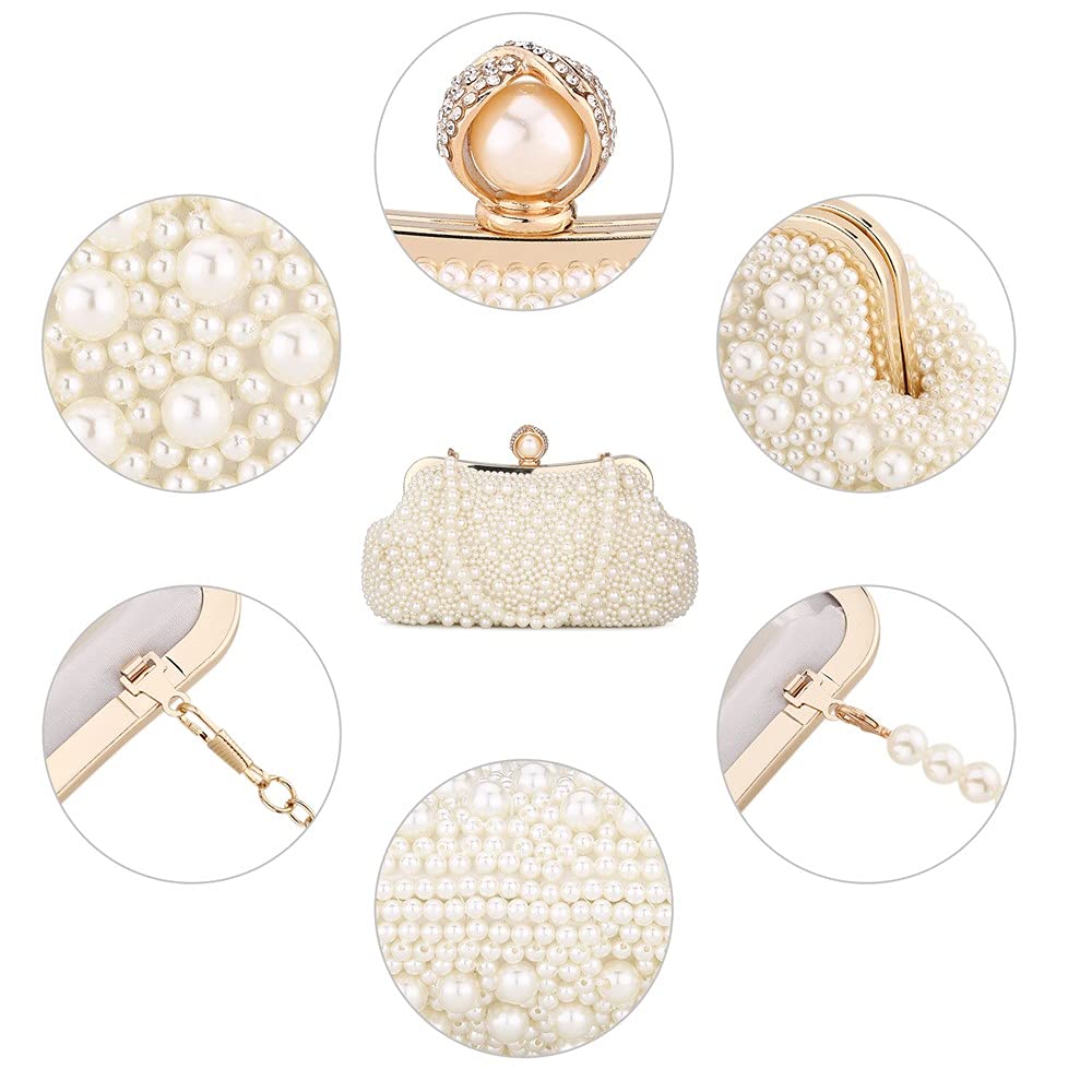 Women Pearl Clutch Bag Noble Crystal Beaded Evening Bag Wedding Clutch with Pearl Chain