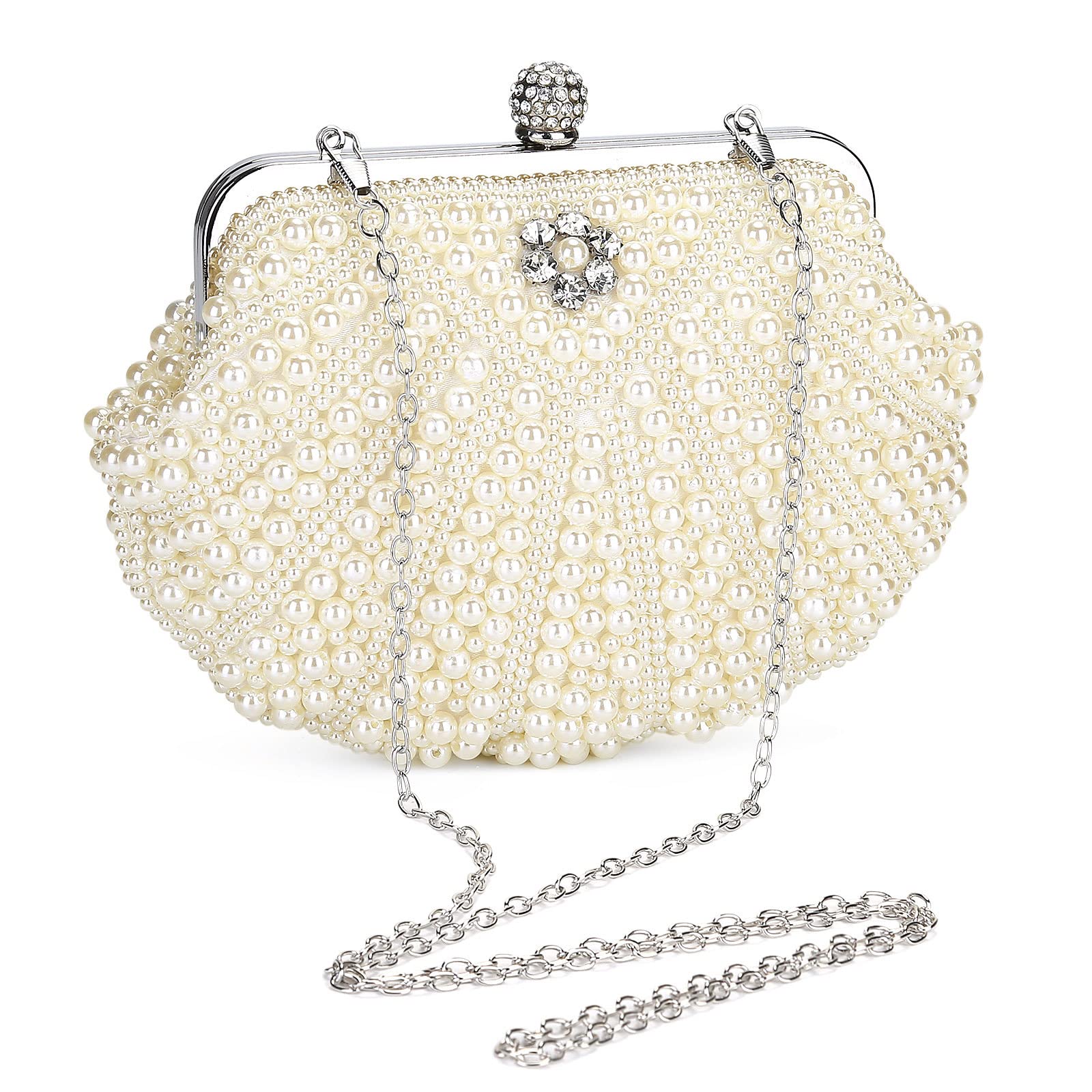 Women Pearl Clutch Bag Noble Crystal Beaded Evening Bag Wedding Clutch with Pearl Chain