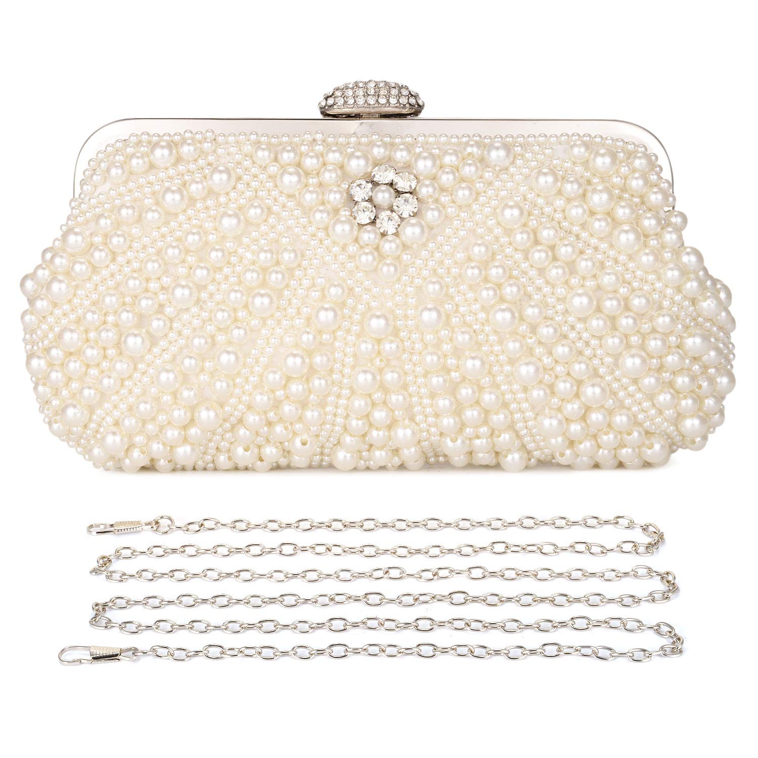 Women Pearl Clutch Bag Noble Crystal Beaded Evening Bag Wedding Clutch with Pearl Chain