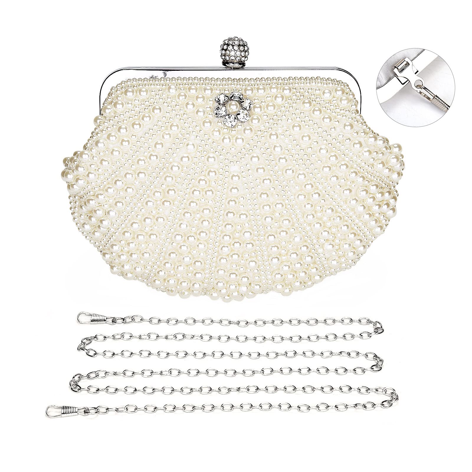 Women Pearl Clutch Bag Noble Crystal Beaded Evening Bag Wedding Clutch with Pearl Chain