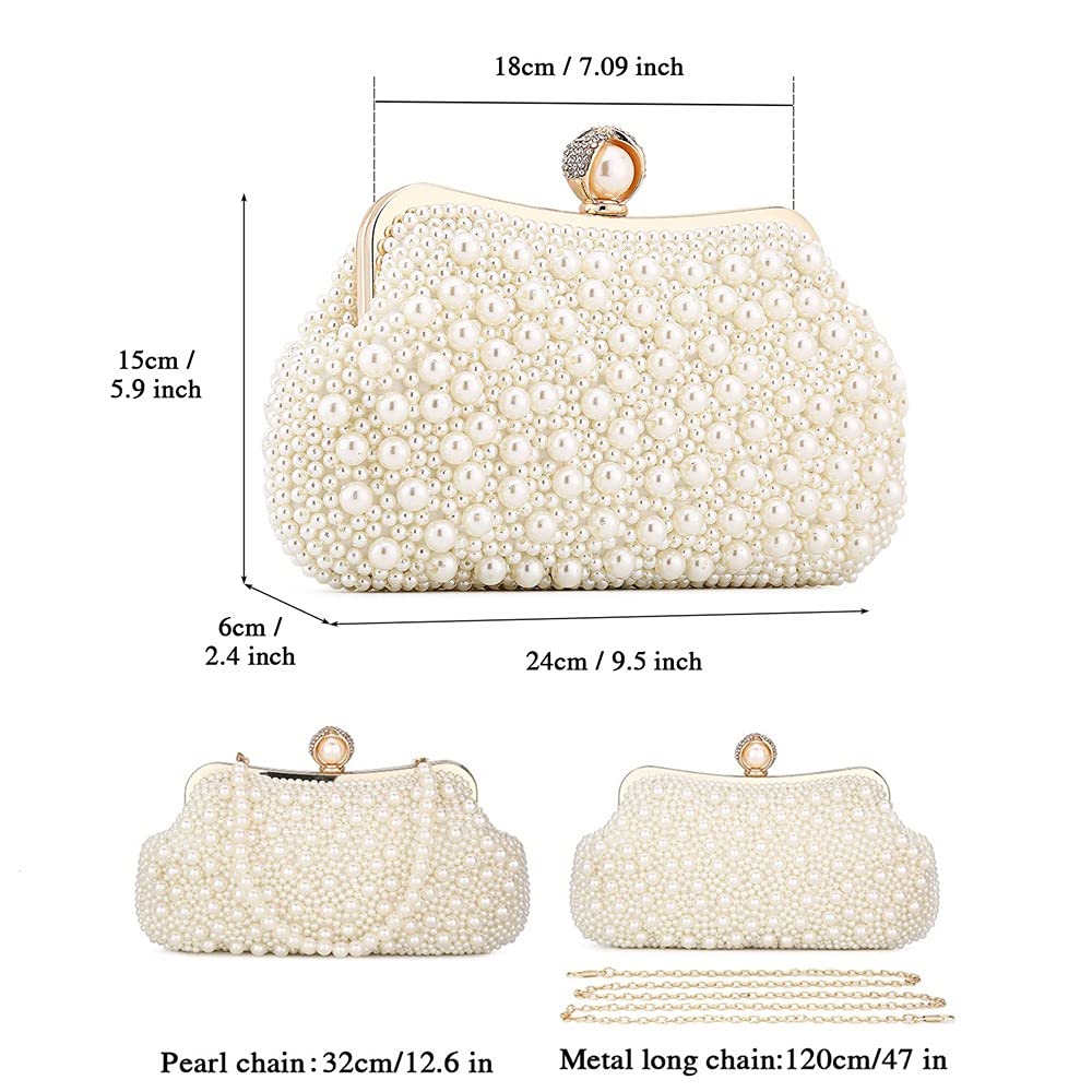 Women Pearl Clutch Bag Noble Crystal Beaded Evening Bag Wedding Clutch with Pearl Chain