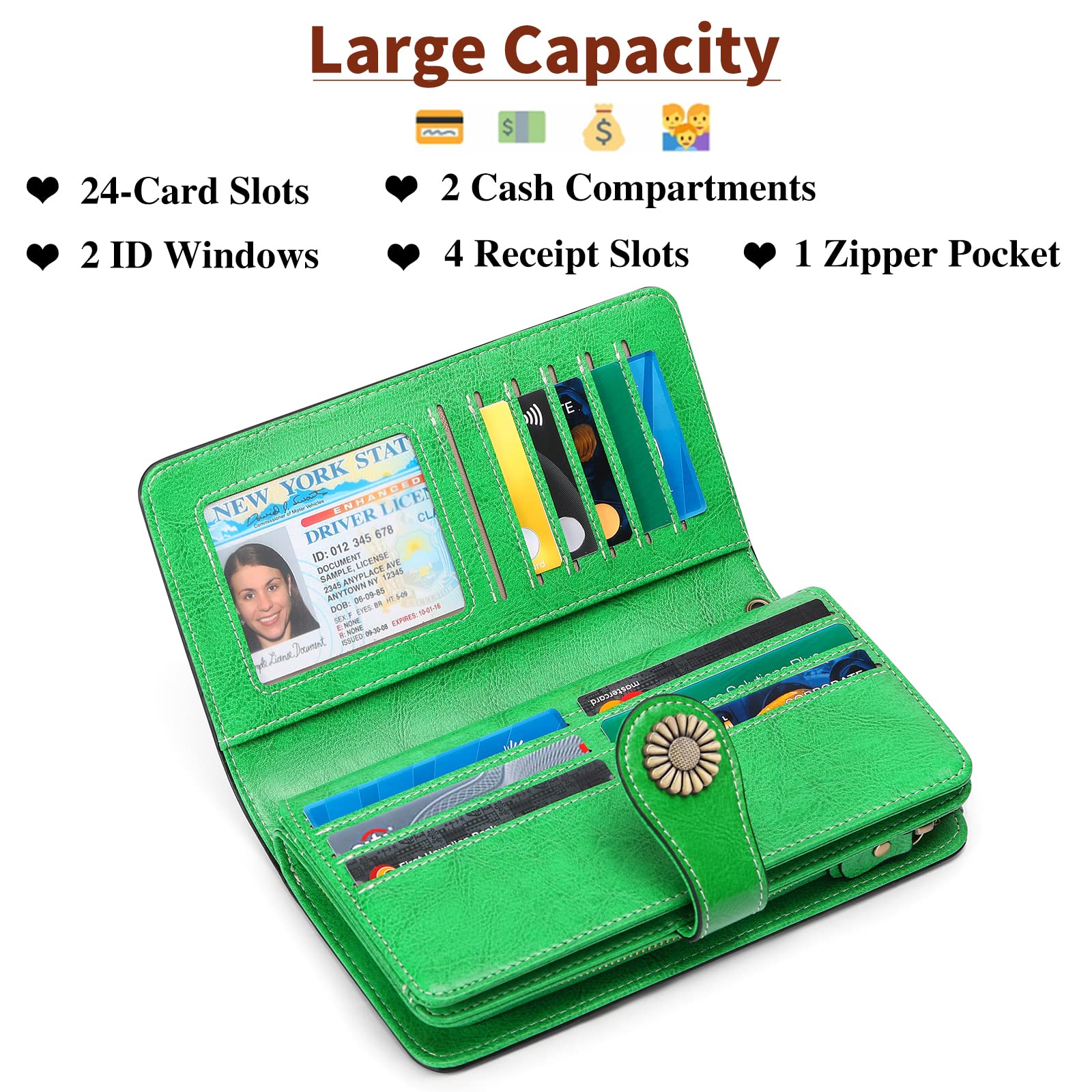 Wallets for Women Genuine Leather Credit Card Holder with RFID Blocking Large Capacity Wristlet