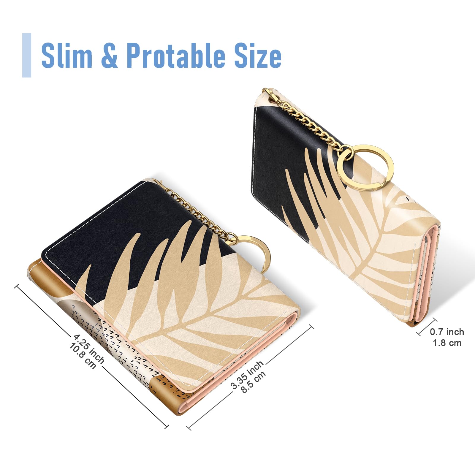 Womens Wallet, Small Slim RFID Card Wallets for Women, Trifold Leather Card Wallet Organizer, Cute Front Pocket Wallets with 7 Card Slots &amp; ID Window, Abstract Boho Leaves