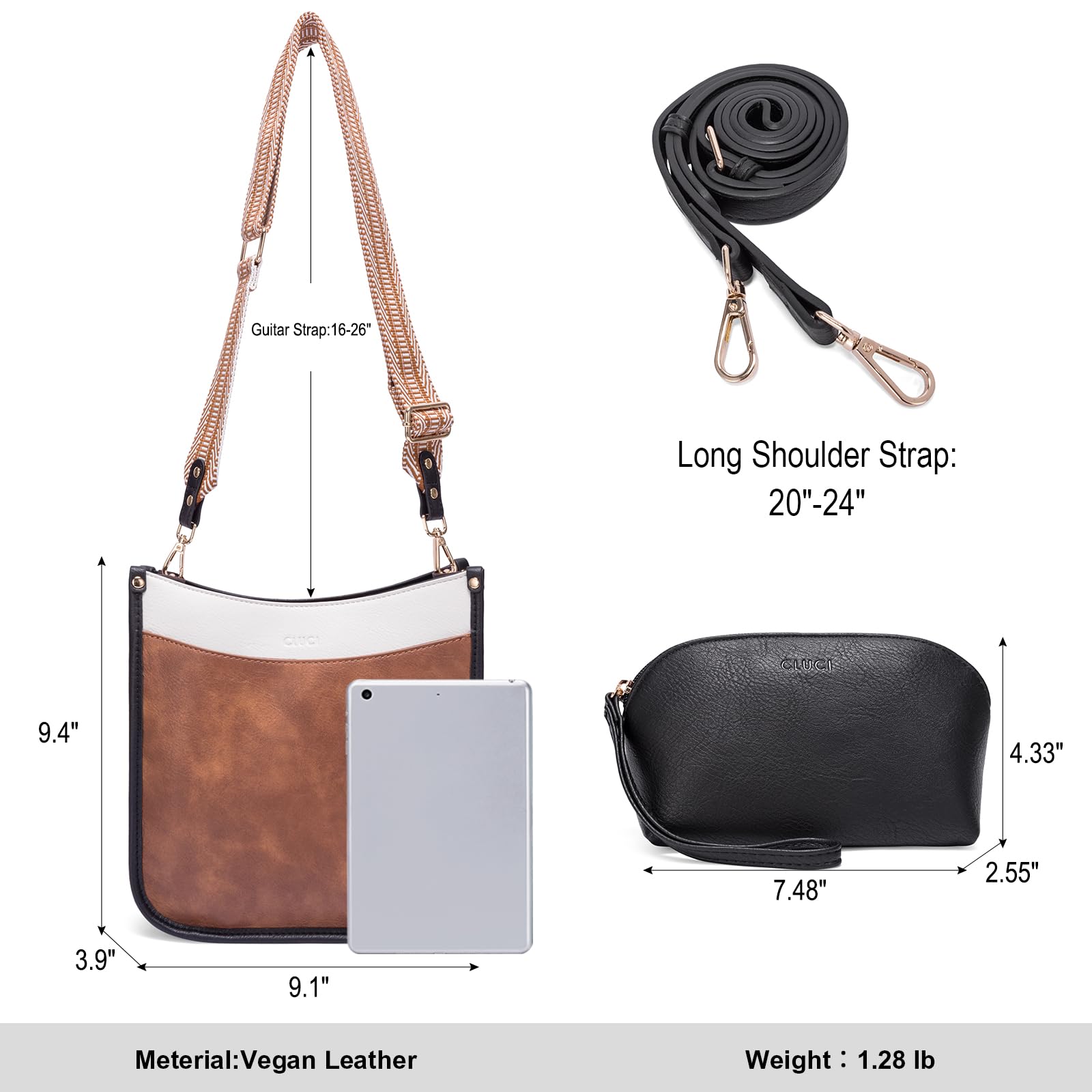 Vegen Leather Crossbody Bags For Women Trendy 2Pcs Hobo Handbag Wallet Set With 2Adjustable Guitar Strap