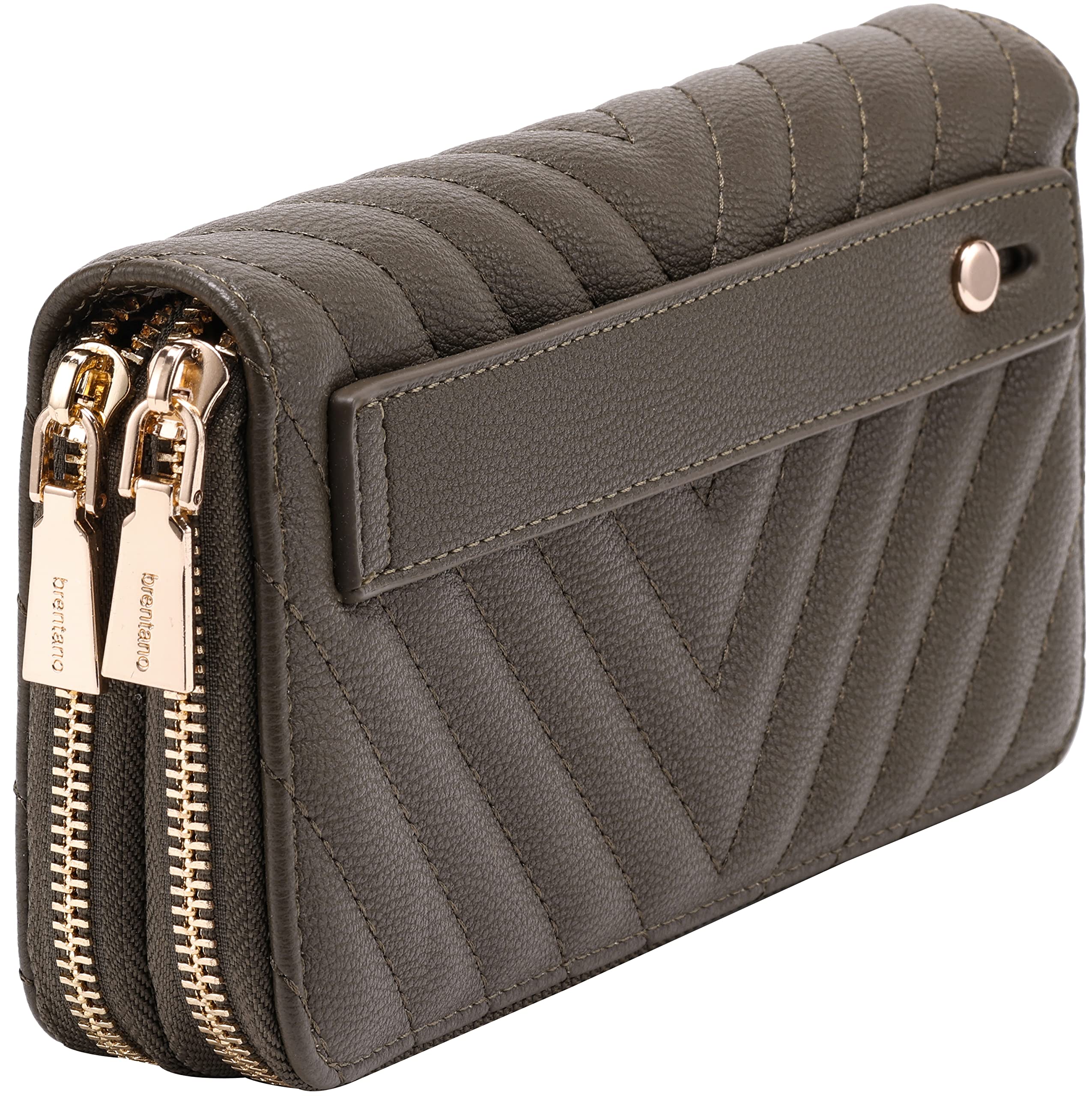 Vegan Leather Double Zipper Pocket Wallet with Grip Hand Strap (Chevron Embroidered Black)