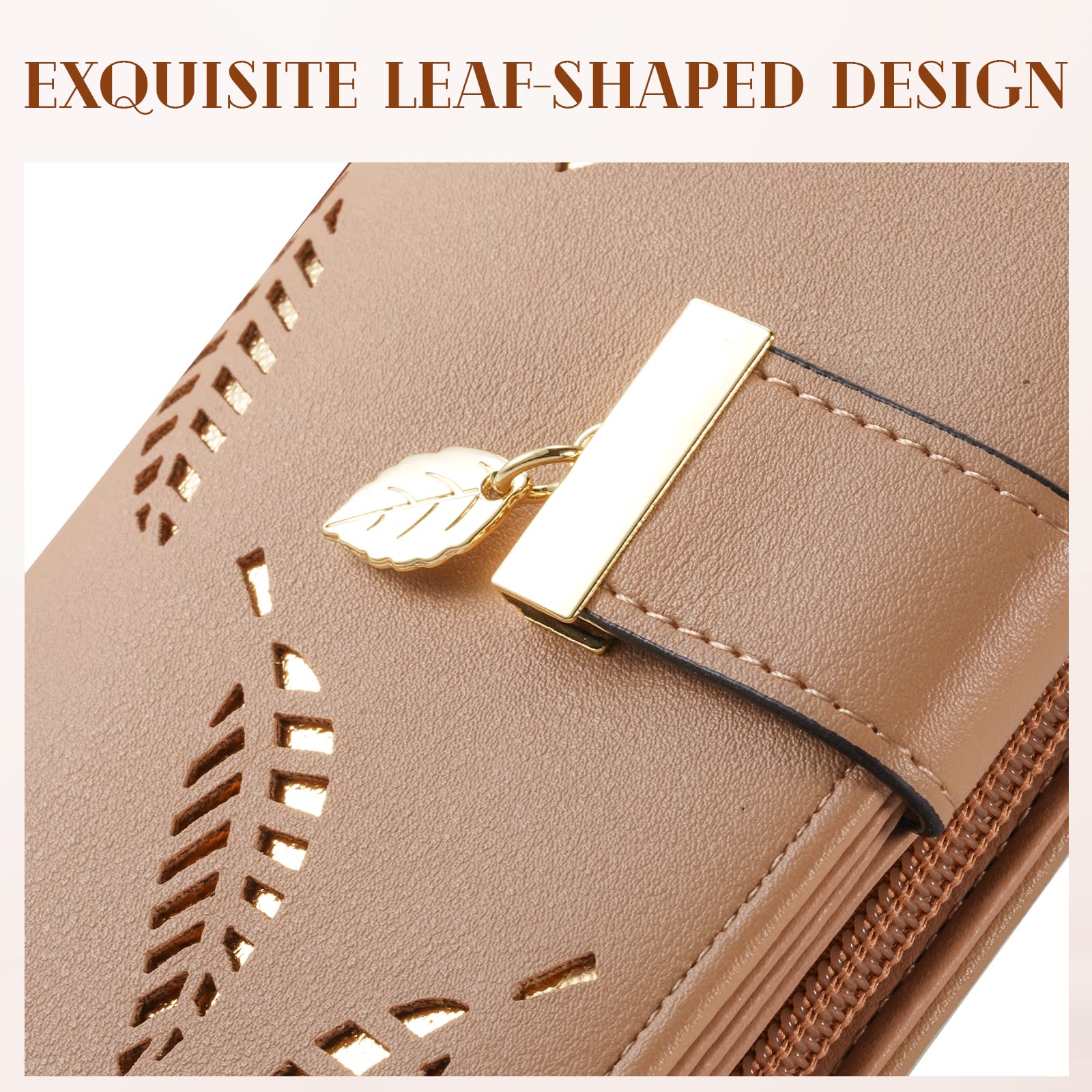 Women's Long Leaf Bifold Wallet Leather Card Holder Purse Zipper Buckle Elegant Clutch Wallet Handbag for Women - Pink