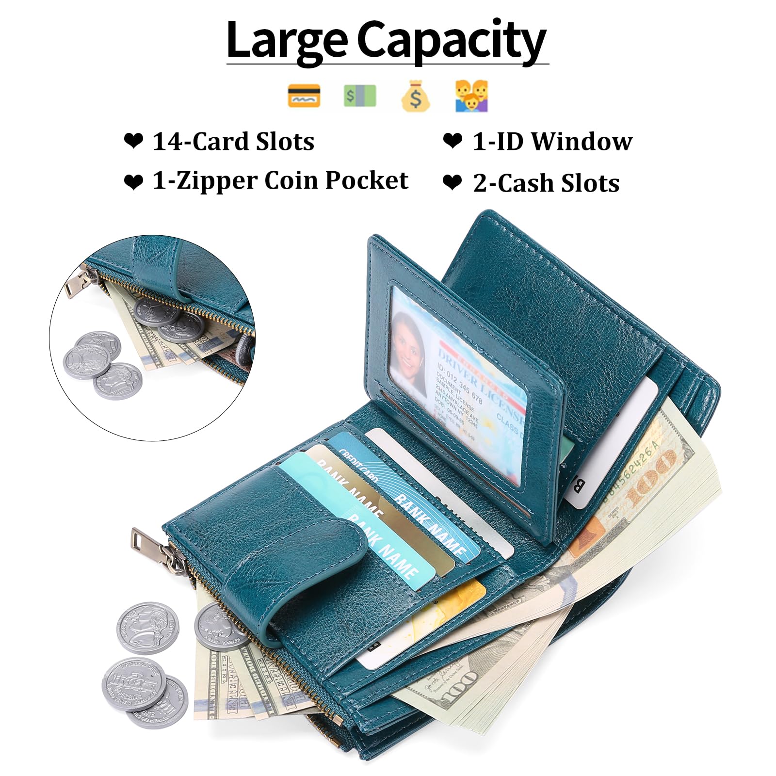 Small Wallets for Women Leather RFID Blocking Bifold Zipper Pocket Wallet Card Case Purse with ID Window