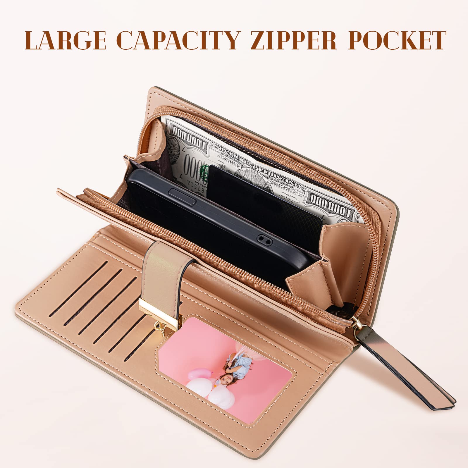 Women's Long Leaf Bifold Wallet Leather Card Holder Purse Zipper Buckle Elegant Clutch Wallet Handbag for Women - Pink