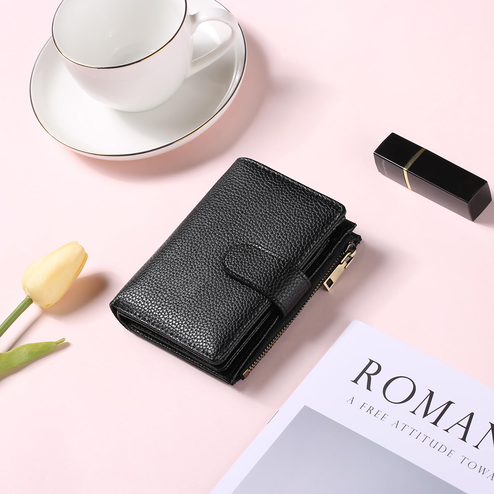 Small Wallets for Women Leather RFID Blocking Bifold Zipper Pocket Wallet Card Case Purse with ID Window