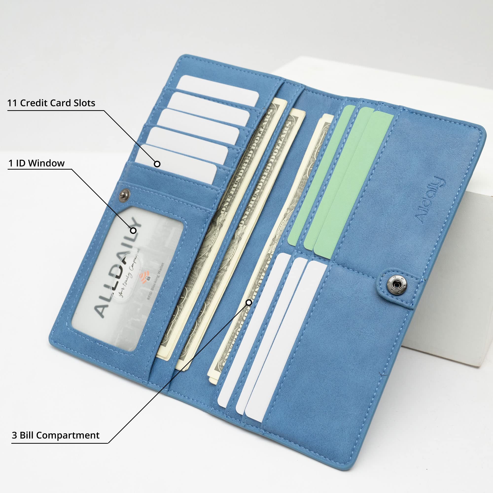 Women Wallet RFID Blocking Credit Card Holder Bifold Long Ladies Billfold (Purist Blue)