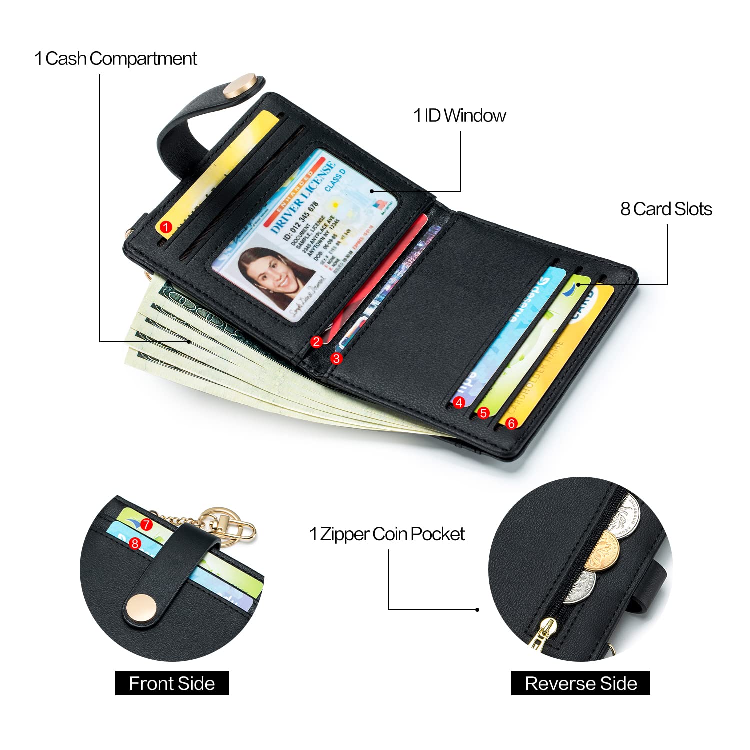 Wallet for Women,RFID Blocking Bifold Credit Card Holder with Zipper Coin Pocket,ID Window &amp; Keychain