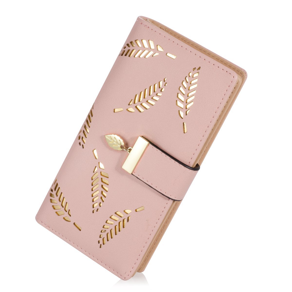 Women's Long Leaf Bifold Wallet Leather Card Holder Purse Zipper Buckle Elegant Clutch Wallet Handbag for Women - Pink