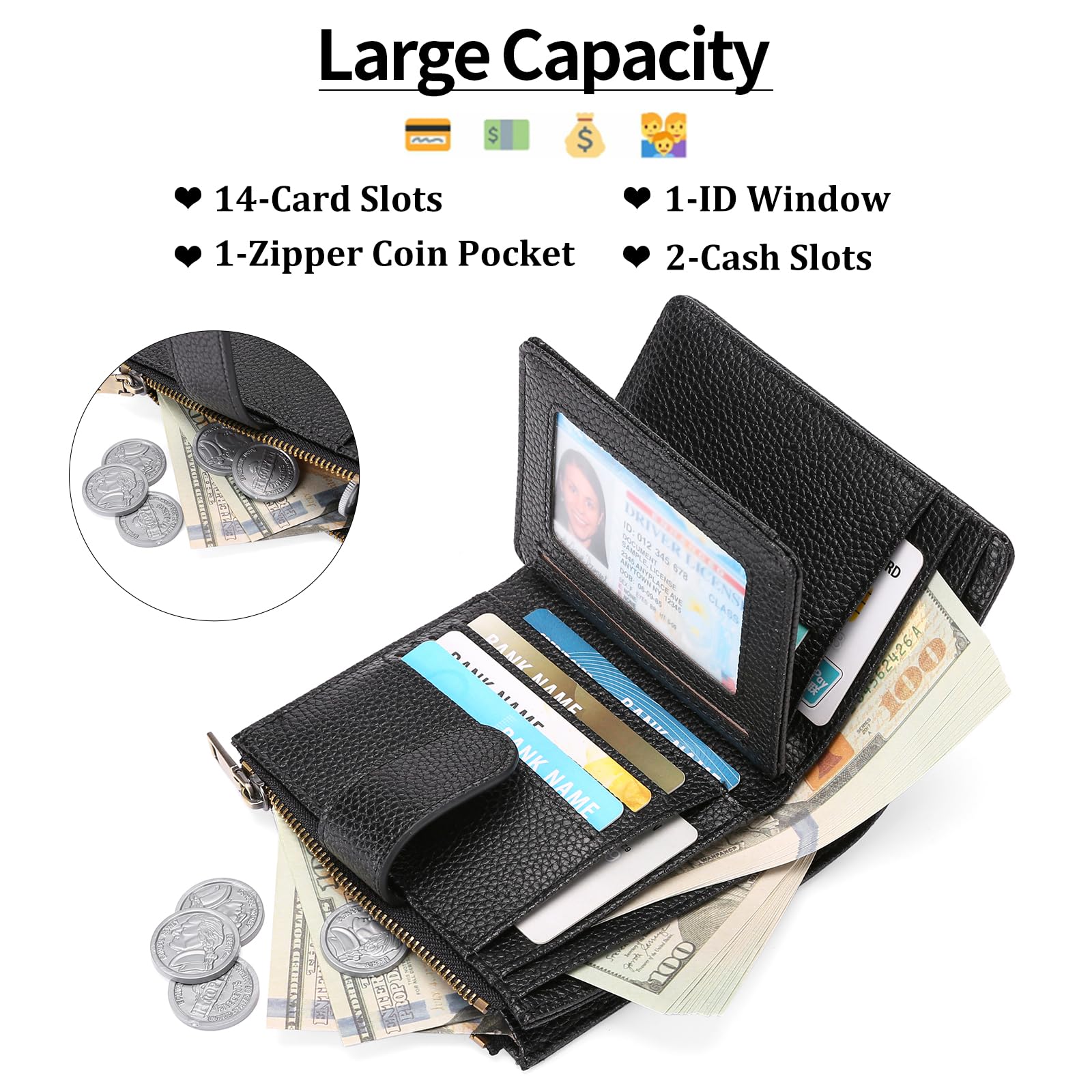 Small Wallets for Women Leather RFID Blocking Bifold Zipper Pocket Wallet Card Case Purse with ID Window