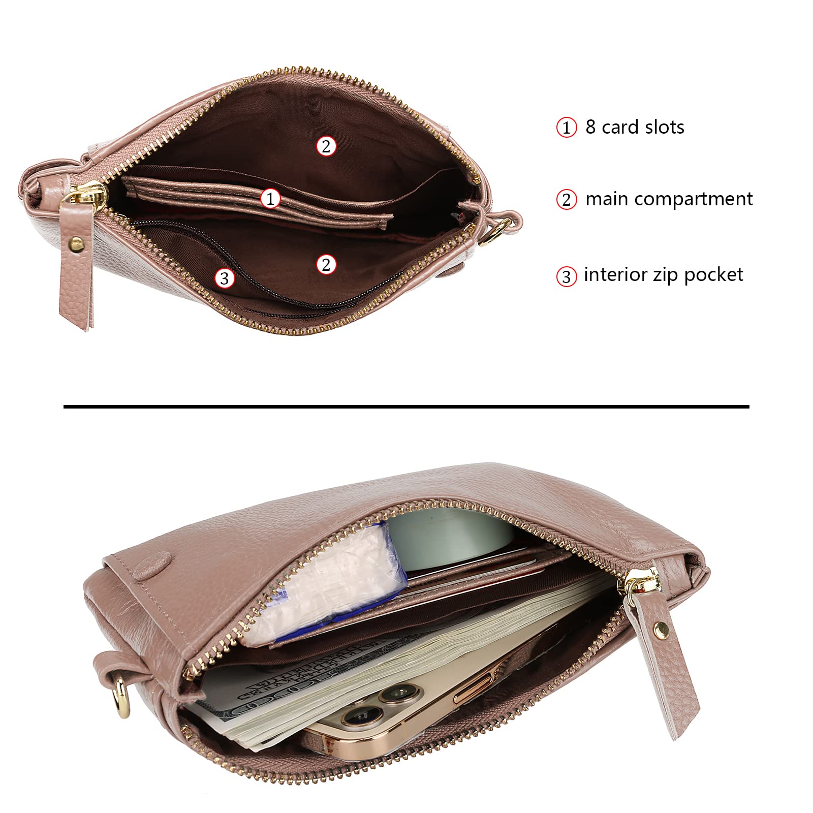 Wallet Wristlets Clutch Purses for Women Genuine Leather Crossbody Bag Handbag with Detachable Shoulder Chain