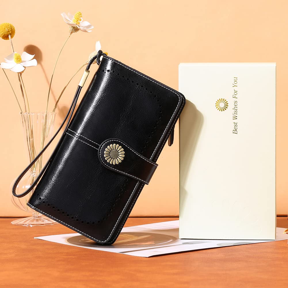 Wallets for Women Genuine Leather Credit Card Holder with RFID Blocking Large Capacity Wristlet