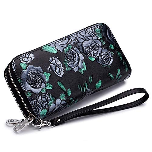 Women's Wallet Large Capacity Double Zip Around Credit Card Holder Leather Ladies Wallet with RFID Blocking Phone Wristlet Purse Black