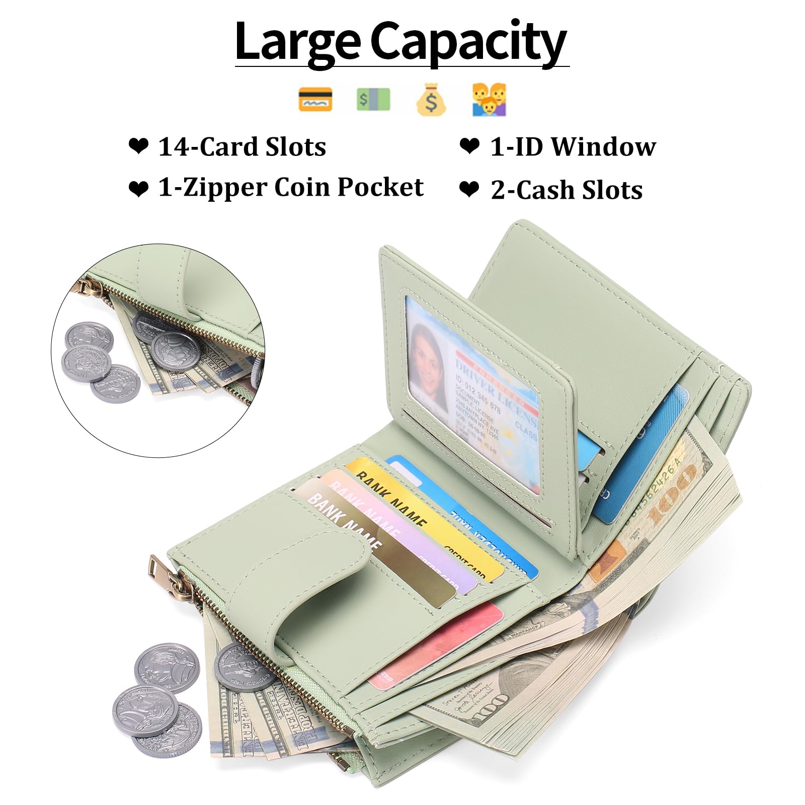 Small Wallets for Women Leather RFID Blocking Bifold Zipper Pocket Wallet Card Case Purse with ID Window