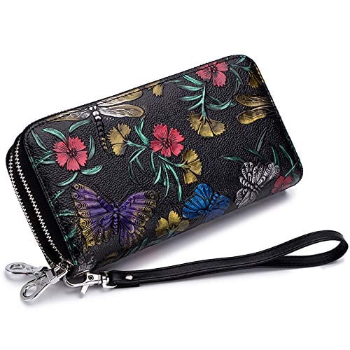 Women's Wallet Large Capacity Double Zip Around Credit Card Holder Leather Ladies Wallet with RFID Blocking Phone Wristlet Purse Black