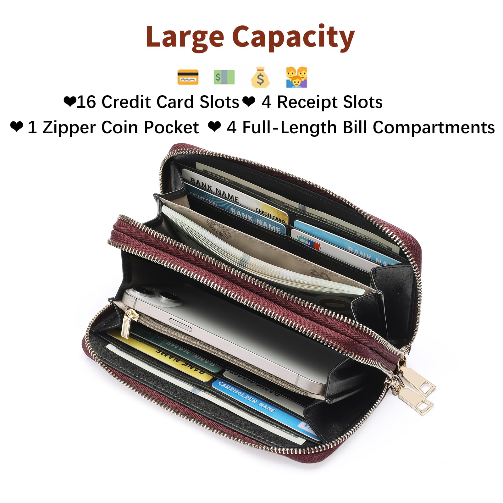 Women's Wallet Large Capacity Double Zip Around Credit Card Holder Leather Ladies Wallet with RFID Blocking Phone Wristlet Purse Black