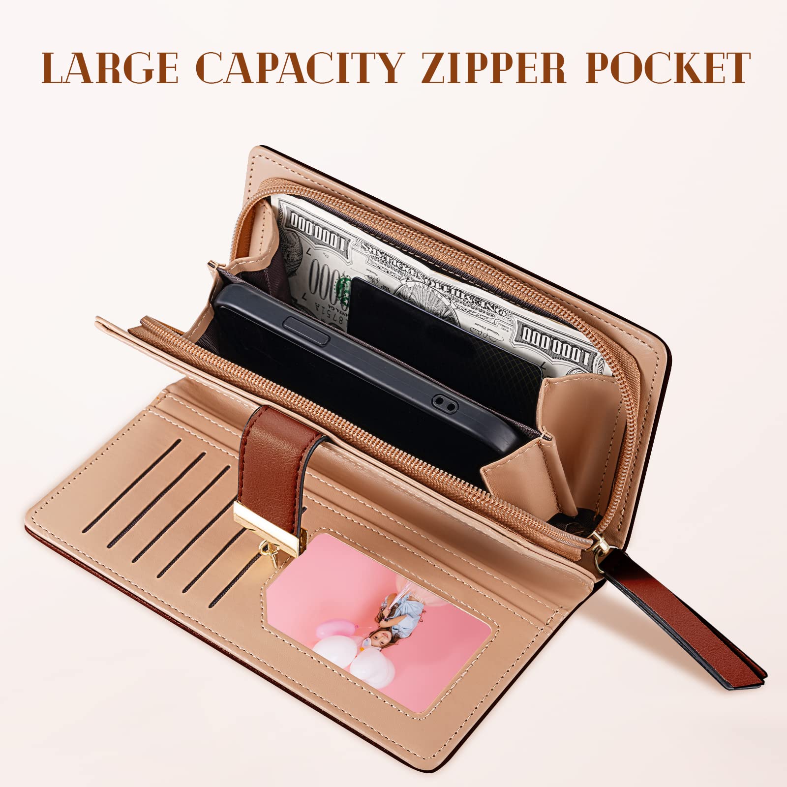 Women's Long Leaf Bifold Wallet Leather Card Holder Purse Zipper Buckle Elegant Clutch Wallet Handbag for Women - Pink