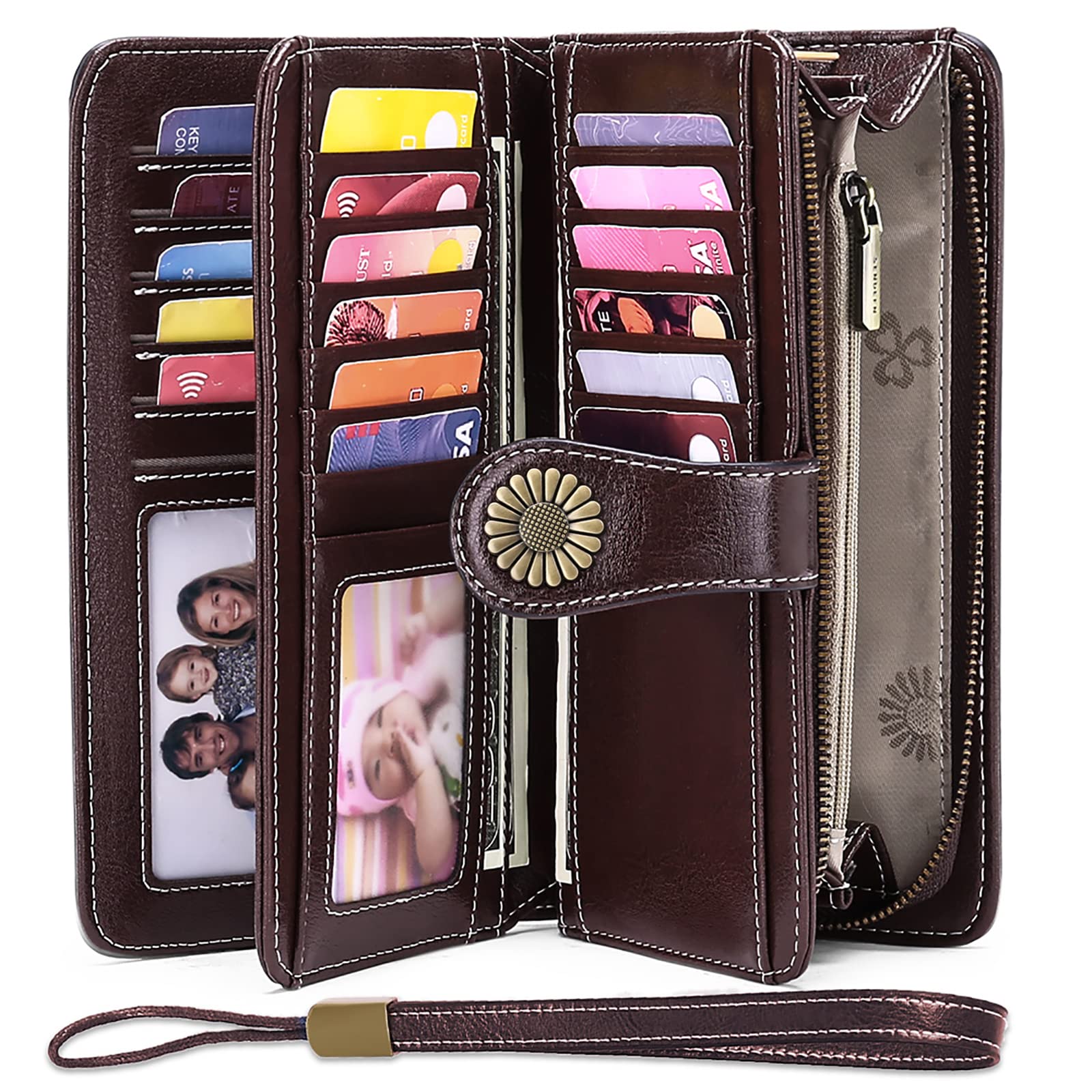 Wallets for Women Genuine Leather Credit Card Holder with RFID Blocking Large Capacity Wristlet