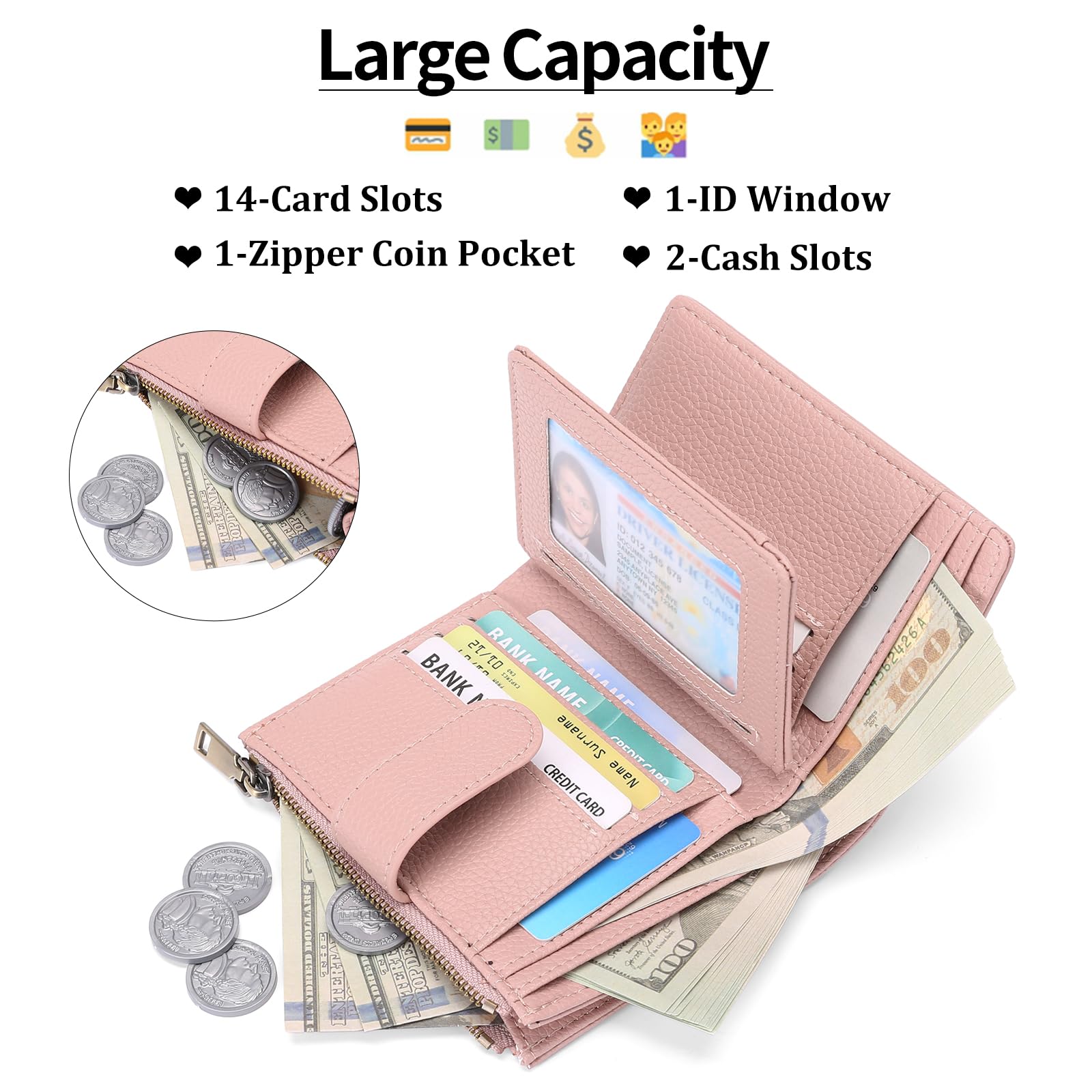 Small Wallets for Women Leather RFID Blocking Bifold Zipper Pocket Wallet Card Case Purse with ID Window