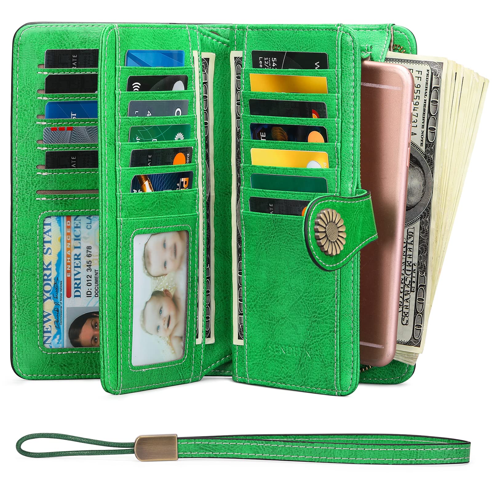 Wallets for Women Genuine Leather Credit Card Holder with RFID Blocking Large Capacity Wristlet