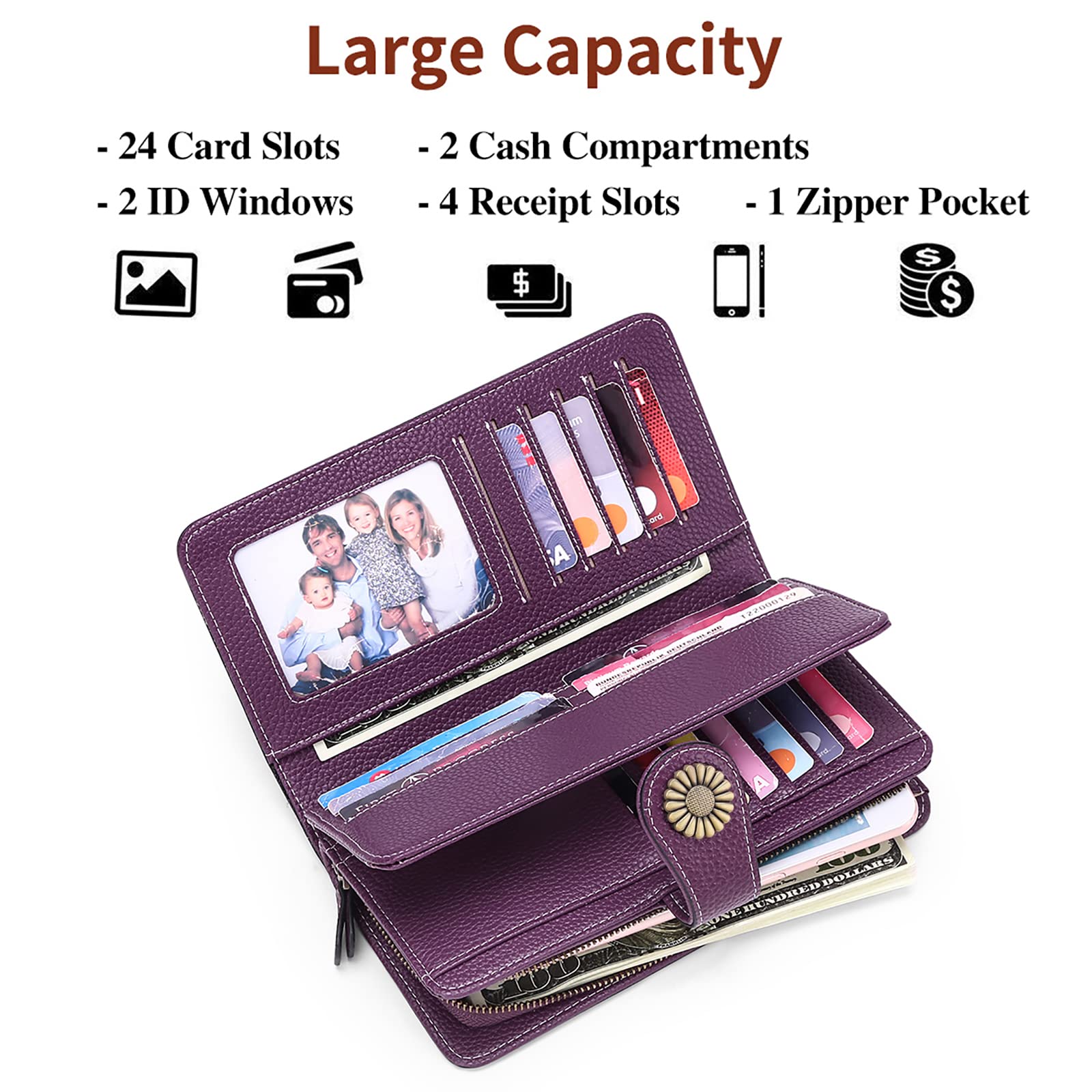 Wallets for Women Genuine Leather Credit Card Holder with RFID Blocking Large Capacity Wristlet