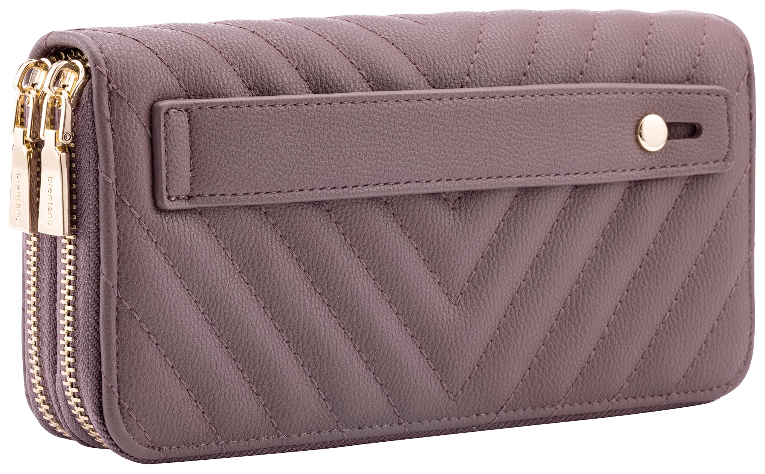 Vegan Leather Double Zipper Pocket Wallet with Grip Hand Strap (Chevron Embroidered Black)