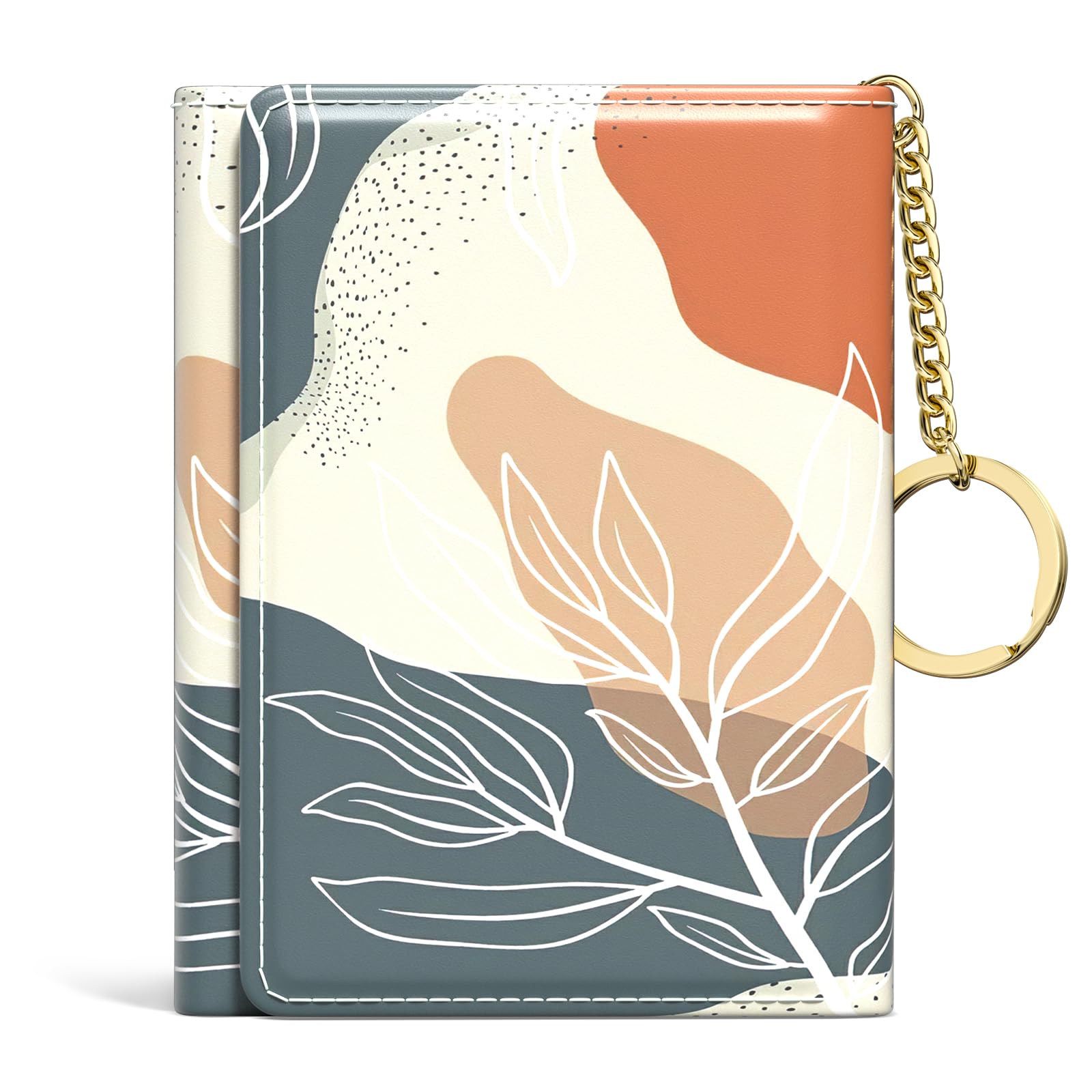 Womens Wallet, Small Slim RFID Card Wallets for Women, Trifold Leather Card Wallet Organizer, Cute Front Pocket Wallets with 7 Card Slots &amp; ID Window, Abstract Boho Leaves