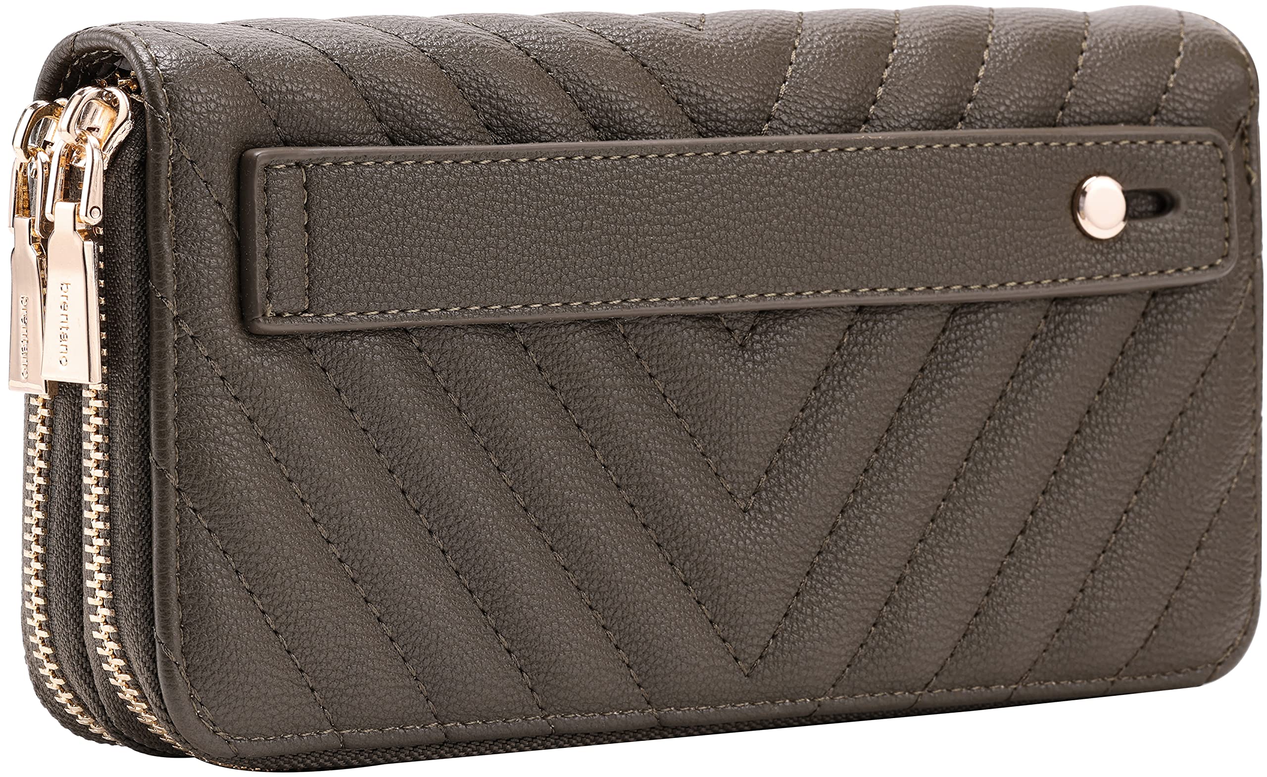 Vegan Leather Double Zipper Pocket Wallet with Grip Hand Strap (Chevron Embroidered Black)