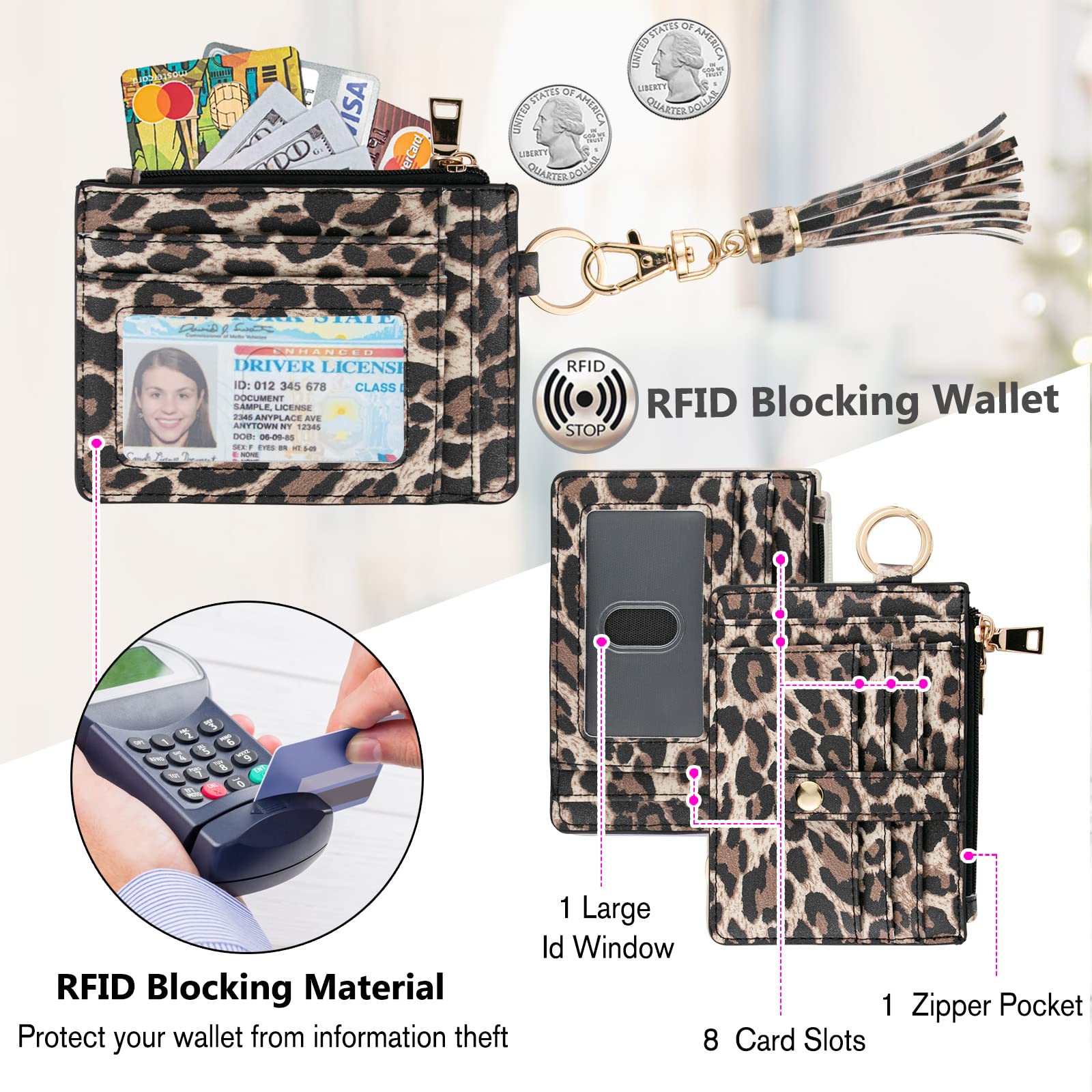 Wallet Keychain Wristlet for Women,Slim RFID Credit Card Holder Purse Tassel Keychain Bangle Key Ring for Men Women (classic, RFID-Beige)