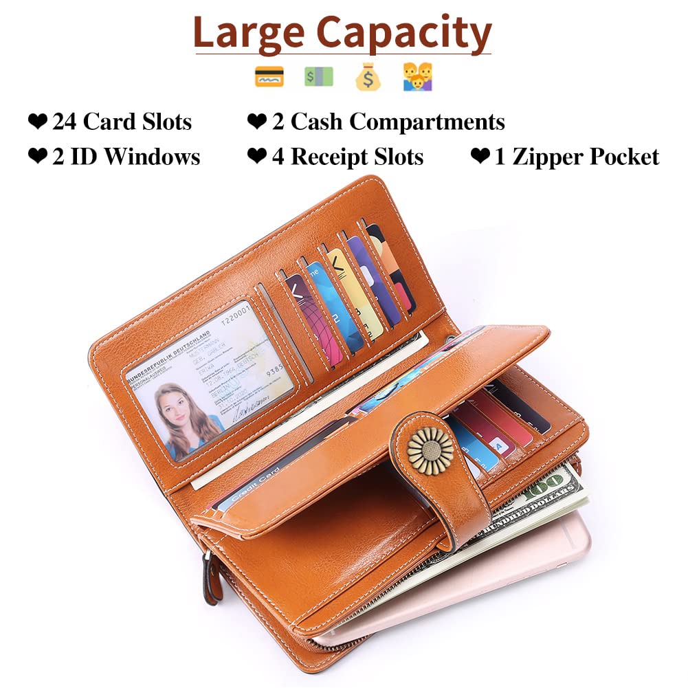 Wallets for Women Genuine Leather Credit Card Holder with RFID Blocking Large Capacity Wristlet