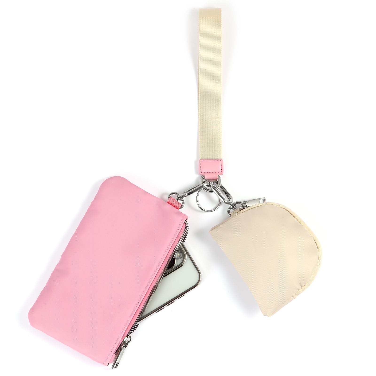 Wristlet keychain Wallet for Women Detachable Dual Pouch Wristlet Cell Phone Purse Portable Mini Phone Coin Wallet Purse Coin Pocket (Pink+White)