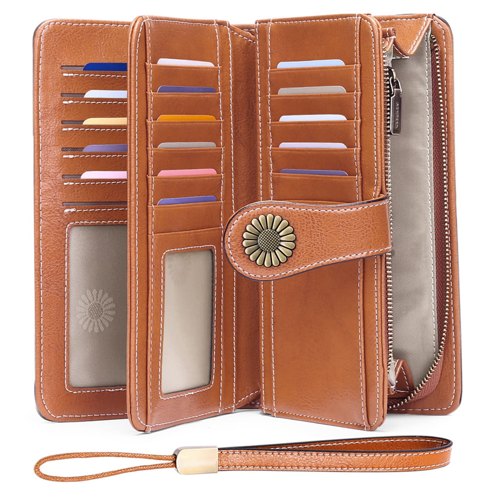 Wallets for Women Genuine Leather Credit Card Holder with RFID Blocking Large Capacity Wristlet