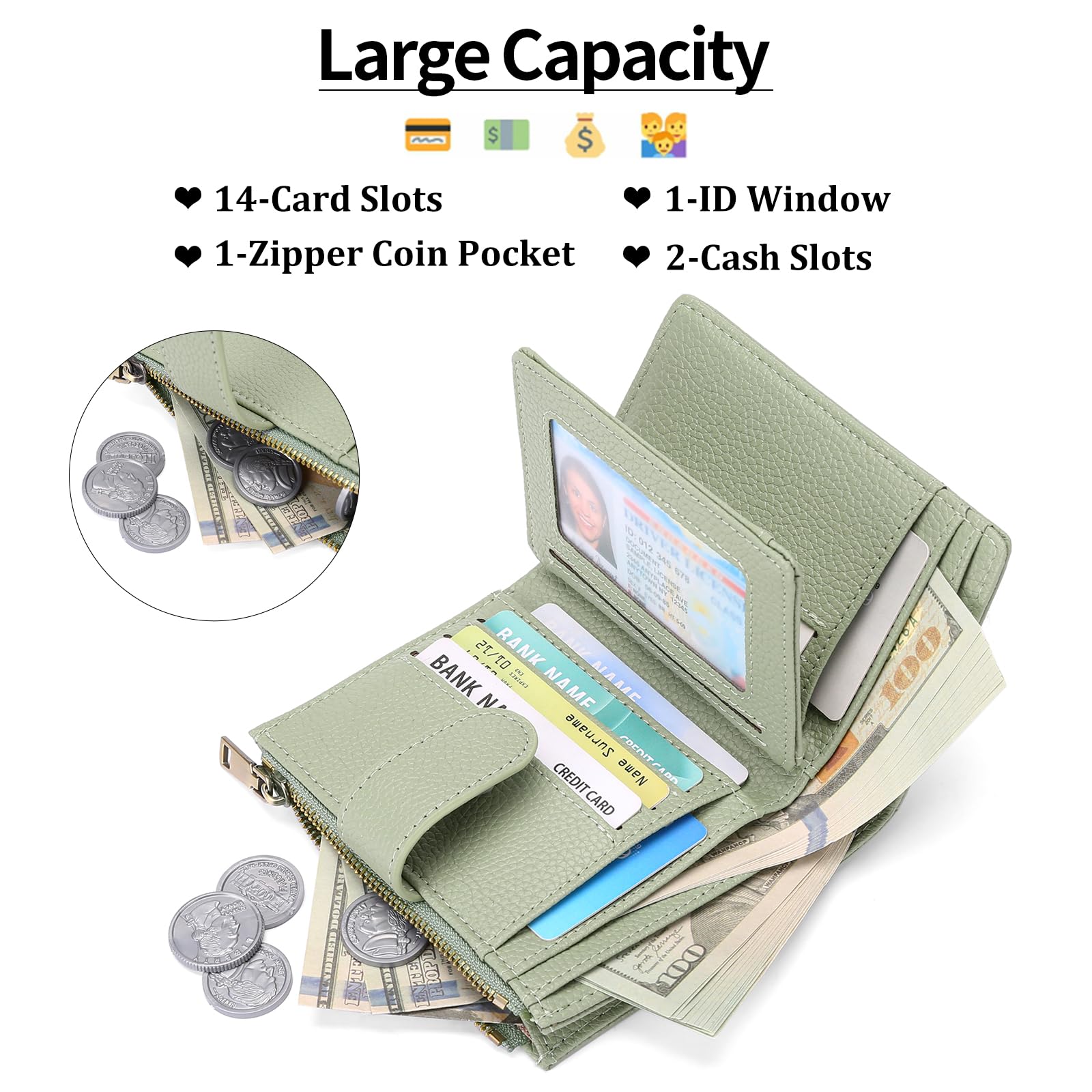 Small Wallets for Women Leather RFID Blocking Bifold Zipper Pocket Wallet Card Case Purse with ID Window