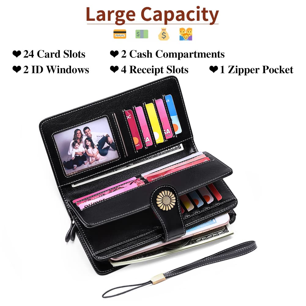 Wallets for Women Genuine Leather Credit Card Holder with RFID Blocking Large Capacity Wristlet