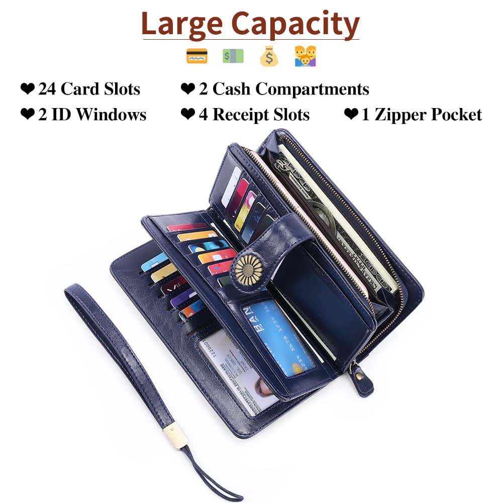 Wallets for Women Genuine Leather Credit Card Holder with RFID Blocking Large Capacity Wristlet