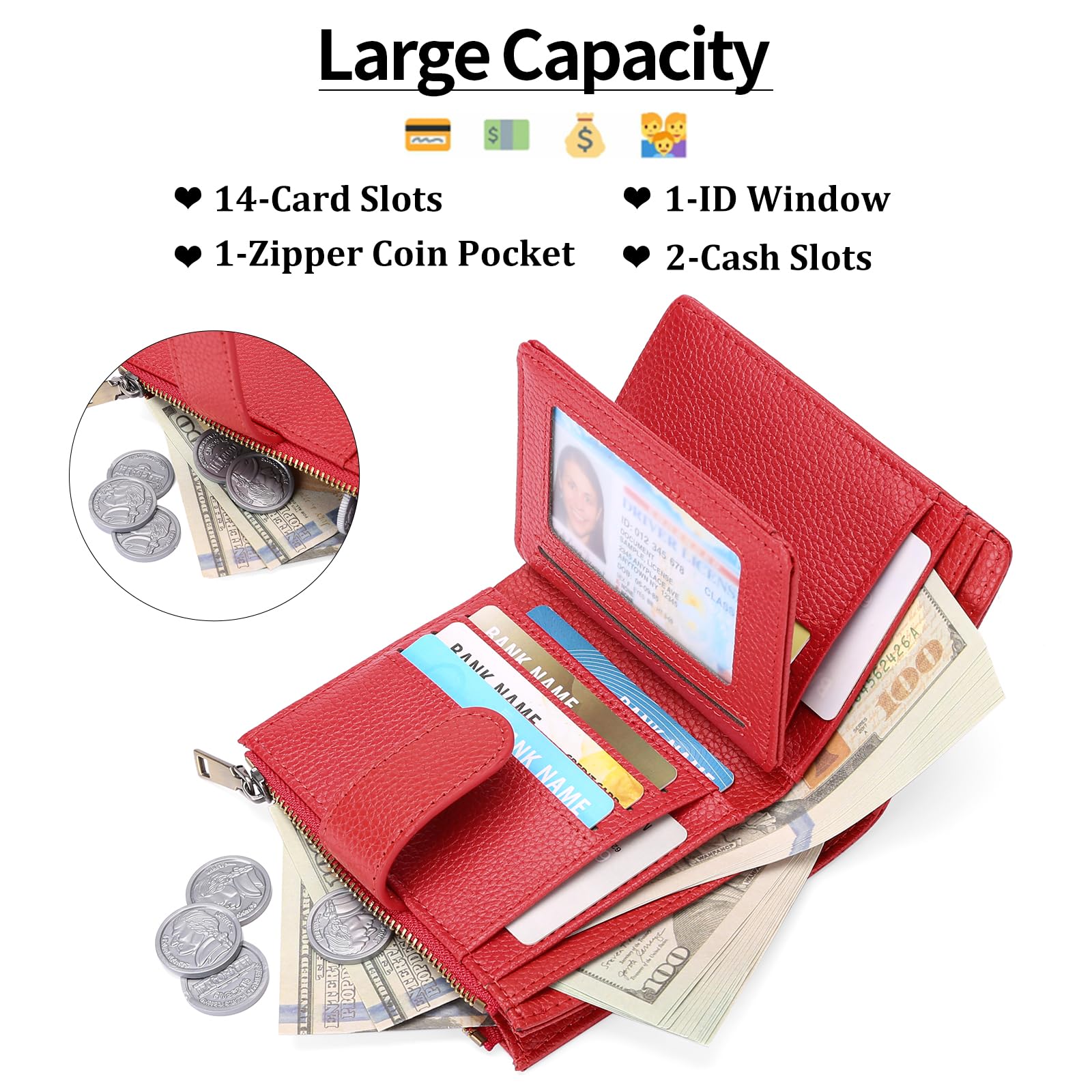 Small Wallets for Women Leather RFID Blocking Bifold Zipper Pocket Wallet Card Case Purse with ID Window